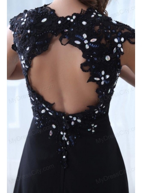 Navy Blue Empire V-neck Floor-length Appliques Chiffon Prom Dress with Open Back