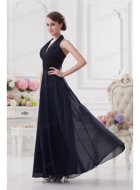 Navy Blue Halter top Long Prom Dress with Ruching and Lace