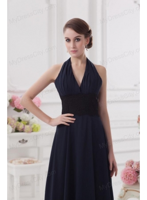 Navy Blue Halter top Long Prom Dress with Ruching and Lace