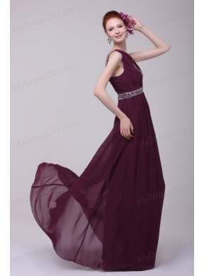 One Shoulder Empire Chiffon Beaded Decorate Full Length Prom Dress