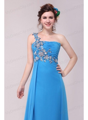 One Shoulder Empire Full Length Teal Prom Dress with Appliques