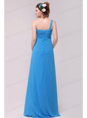 One Shoulder Empire Full Length Teal Prom Dress with Appliques