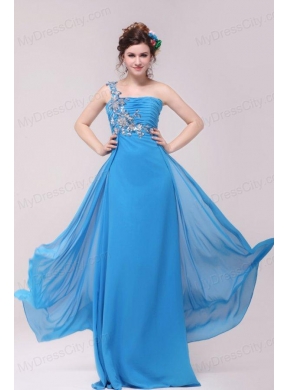 One Shoulder Empire Full Length Teal Prom Dress with Appliques