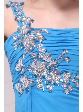 One Shoulder Empire Full Length Teal Prom Dress with Appliques