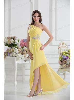 One Shoulder Empire Yellow High-low Prom Dress with Appliques