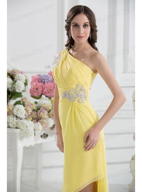 One Shoulder Empire Yellow High-low Prom Dress with Appliques