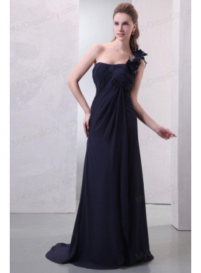 One Shoulder Hand Made Flowers Chiffon Navy Blue Prom Dress