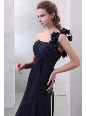 One Shoulder Hand Made Flowers Chiffon Navy Blue Prom Dress