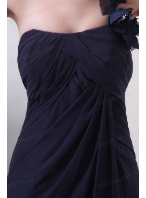 One Shoulder Hand Made Flowers Chiffon Navy Blue Prom Dress