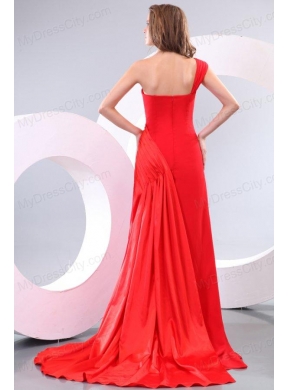 One Shoulder Red Ruche Watteau Train Prom Dress for Evening Party