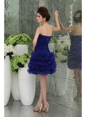 Organza Column Bule Ruffled Layers Bowknot Strapless Prom Dress