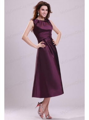 Purple A-line Scoop Tea-length Prom Dress with Beading