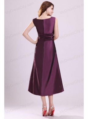 Purple A-line Scoop Tea-length Prom Dress with Beading