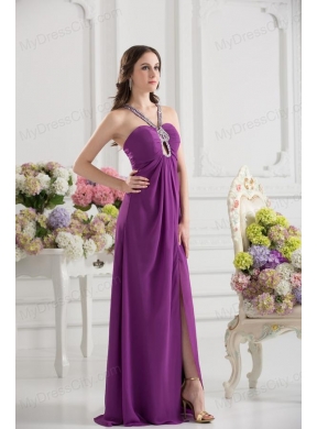 Purple Empire Halter Top Beading Ruching Chiffon Prom Dress