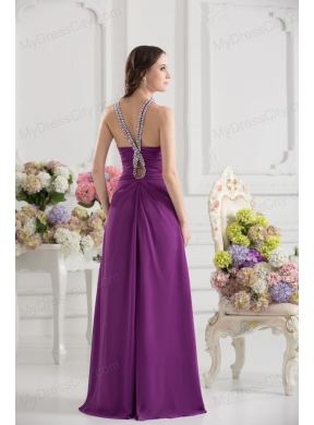 Purple Empire Halter Top Beading Ruching Chiffon Prom Dress