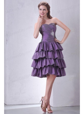 Purple Sweetheart Knee-length Prom Dress with Beading and Layers