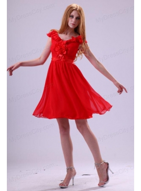 Red A-line V-neck Prom Dress with Flowers Knee-length