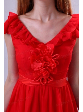 Red A-line V-neck Prom Dress with Flowers Knee-length