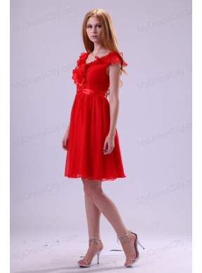 Red A-line V-neck Prom Dress with Flowers Knee-length