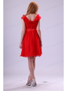 Red A-line V-neck Prom Dress with Flowers Knee-length