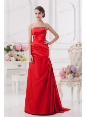 Red Column Strapless Prom Dress with Ruching and Beading