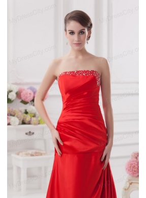 Red Column Strapless Prom Dress with Ruching and Beading