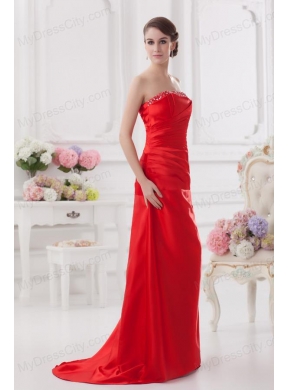 Red Column Strapless Prom Dress with Ruching and Beading