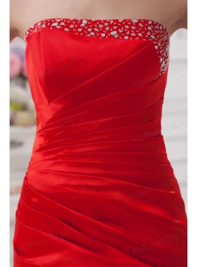 Red Column Strapless Prom Dress with Ruching and Beading