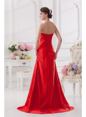 Red Column Strapless Prom Dress with Ruching and Beading