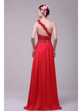 Red One Shoulder Beading and Flowers Brush Train Prom Dress