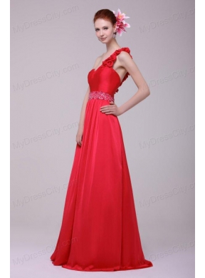 Red One Shoulder Beading and Flowers Brush Train Prom Dress