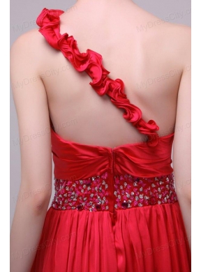 Red One Shoulder Beading and Flowers Brush Train Prom Dress