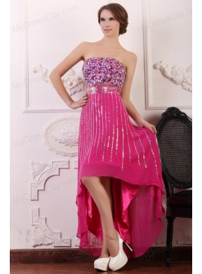 Rhinestone and Beading Strapless High-low Chiffon Hot Pink Prom Dress