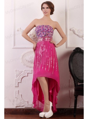 Rhinestone and Beading Strapless High-low Chiffon Hot Pink Prom Dress