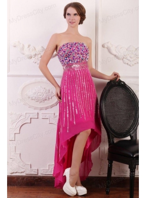 Rhinestone and Beading Strapless High-low Chiffon Hot Pink Prom Dress