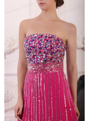 Rhinestone and Beading Strapless High-low Chiffon Hot Pink Prom Dress