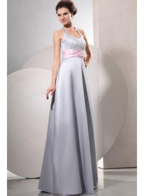 Silver Empire Halter Top Prom Dress with Baby Pink Belt