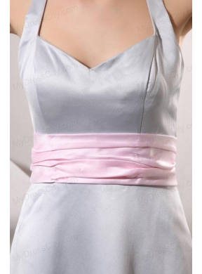 Silver Empire Halter Top Prom Dress with Baby Pink Belt