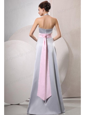 Silver Empire Halter Top Prom Dress with Baby Pink Belt