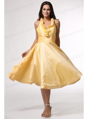 Simple Halter Top Ruffles Yellow Prom Dress Tea-length