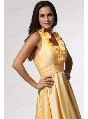 Simple Halter Top Ruffles Yellow Prom Dress Tea-length