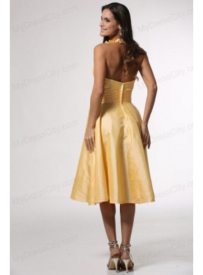 Simple Halter Top Ruffles Yellow Prom Dress Tea-length