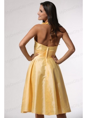 Simple Halter Top Ruffles Yellow Prom Dress Tea-length