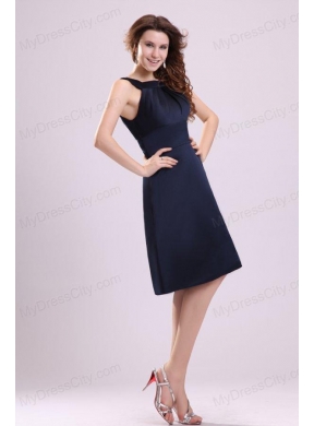 Simple Navy Blue Halter A-line Knee-length Ruching Taffeta Prom Dress