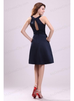 Simple Navy Blue Halter A-line Knee-length Ruching Taffeta Prom Dress