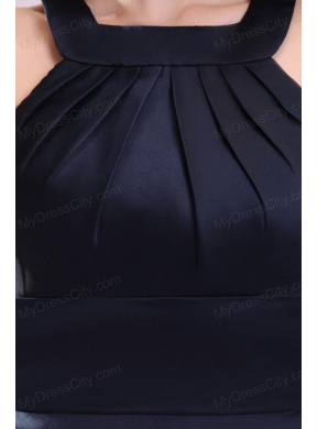 Simple Navy Blue Halter A-line Knee-length Ruching Taffeta Prom Dress