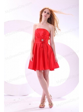 Simple Strapless A-line Mini-length Red Prom Dress with Ruching