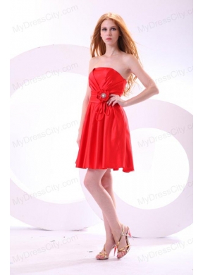 Simple Strapless A-line Mini-length Red Prom Dress with Ruching