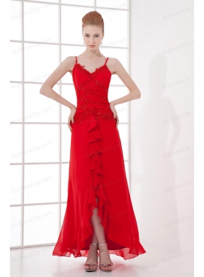 Spaghetti Straps Tea-length Chiffon Red Dresses for Prom