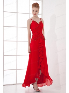 Spaghetti Straps Tea-length Chiffon Red Dresses for Prom